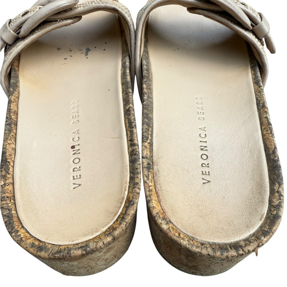Veronica Beard Beige Woven Slides Wedge Heel Buckle - Picture 9 of 11